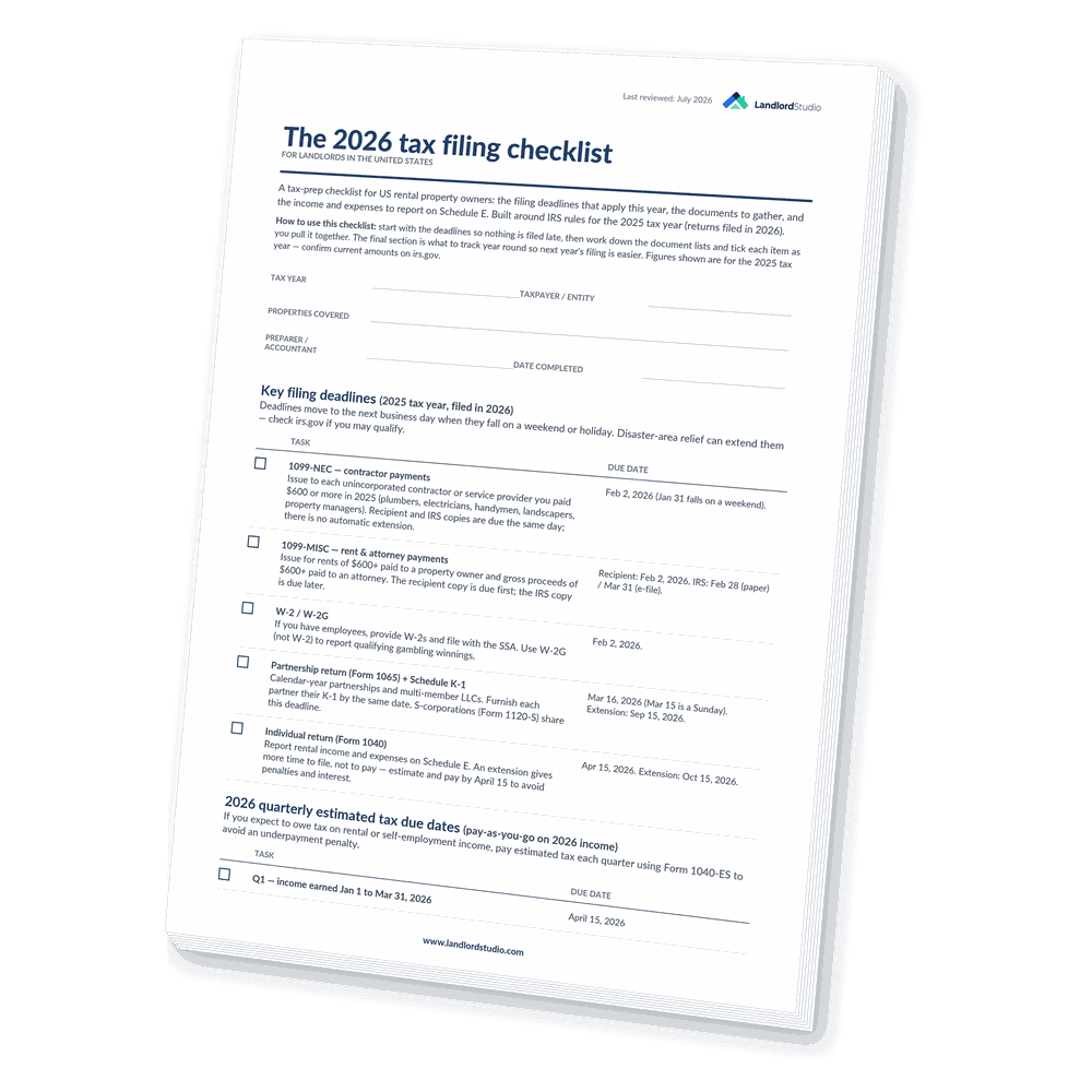 Cover of Landlord Studio's 2026 tax filing checklist for landlords in the United States