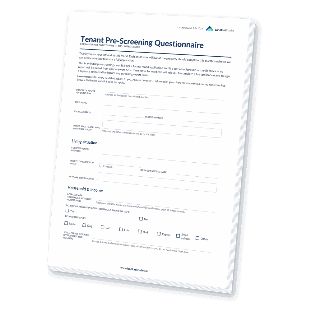 Cover of Landlord Studio's Tenant Pre-Screening Questionnaire template for the United States