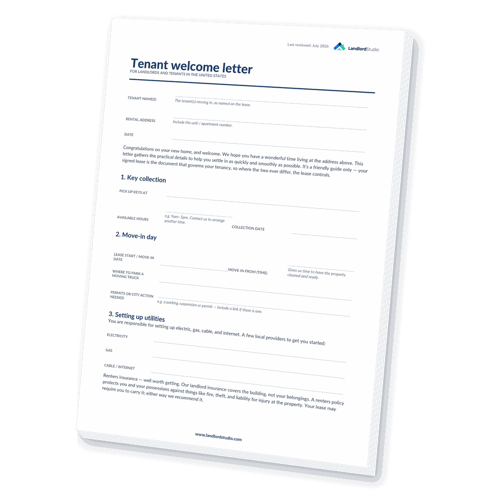 Cover of Landlord Studio's Tenant Welcome Letter template for the United States