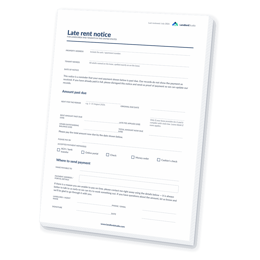 Cover of Landlord Studio's Late Rent Notice template for the United States