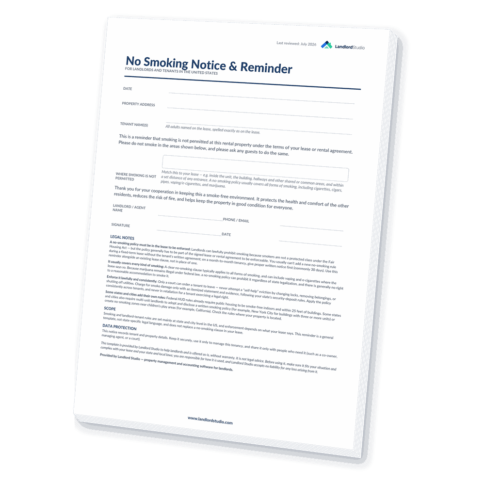Cover of Landlord Studio's No Smoking Notice & Reminder template for landlords and tenants in the United States
