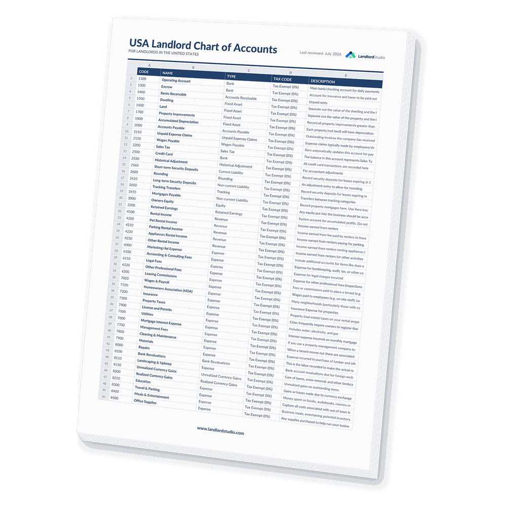 USA landlord chart of accounts template listing account codes, names, types and tax codes
