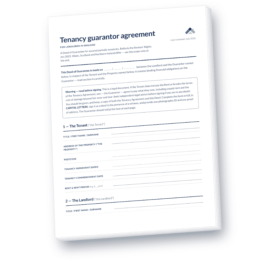Tenancy guarantor agreement template for landlords in England