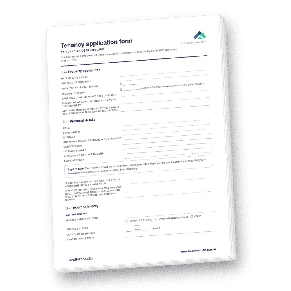Tenancy application form template for landlords in England