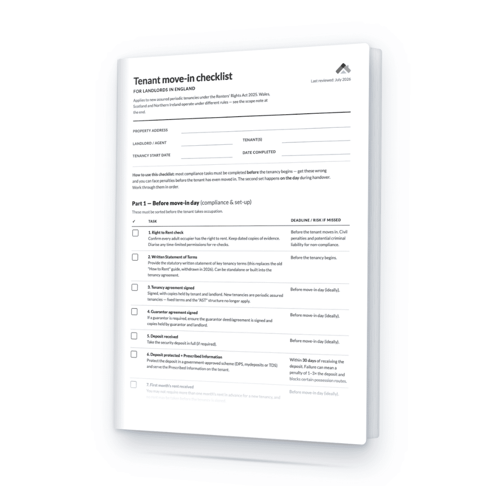 Tenant move-in checklist template for landlords in England