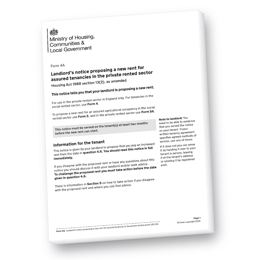 Form 4A from the Ministry of Housing proposes new rent for assured tenancies in England's private sector
