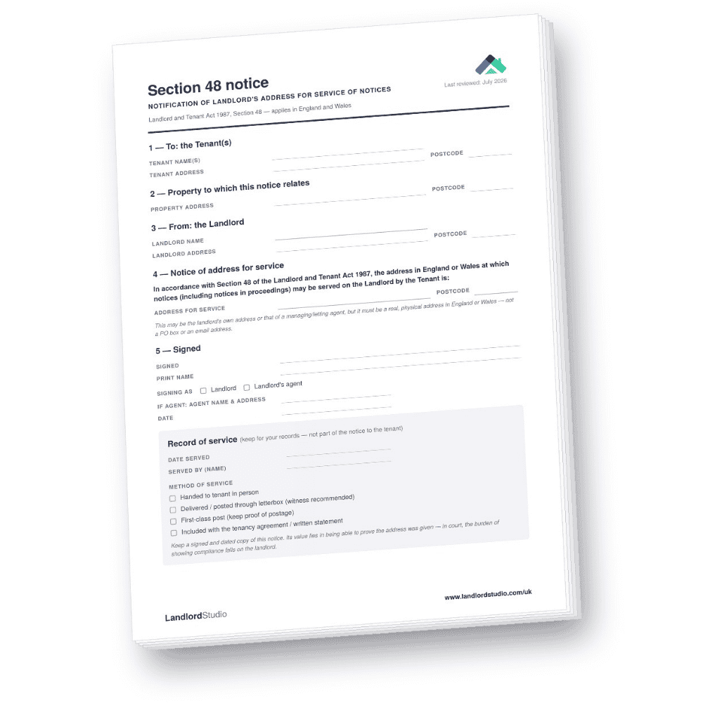 Section 48 notice template for notifying tenants of a landlord's address for service