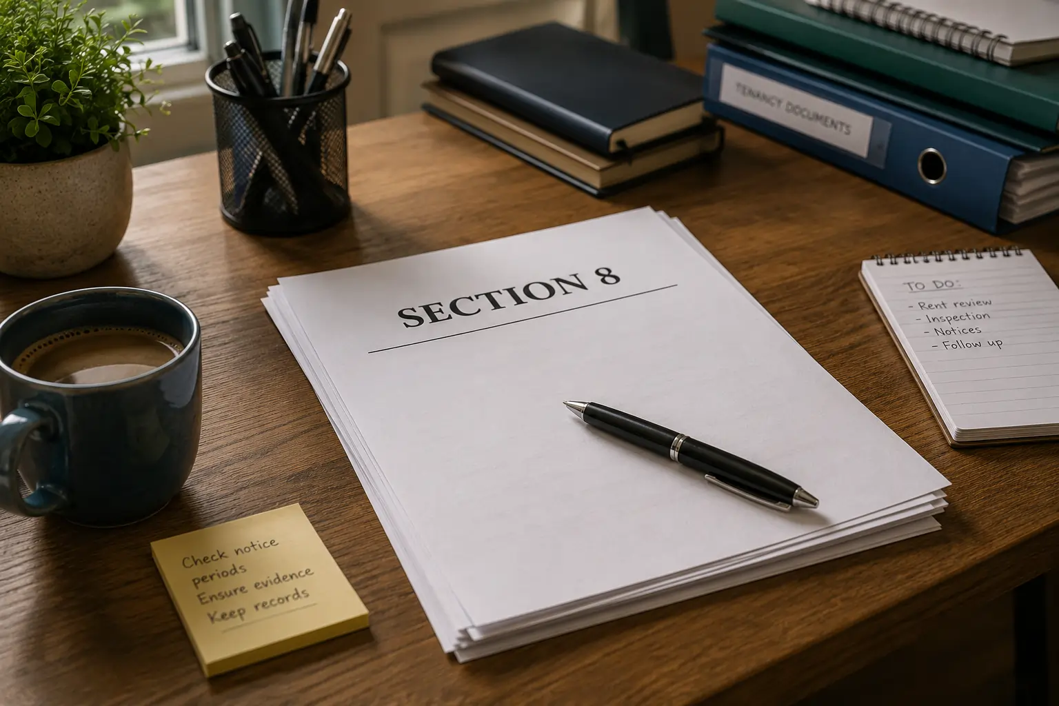 Section 8 eviction notice paperwork on a desk with a pen, coffee and notepad