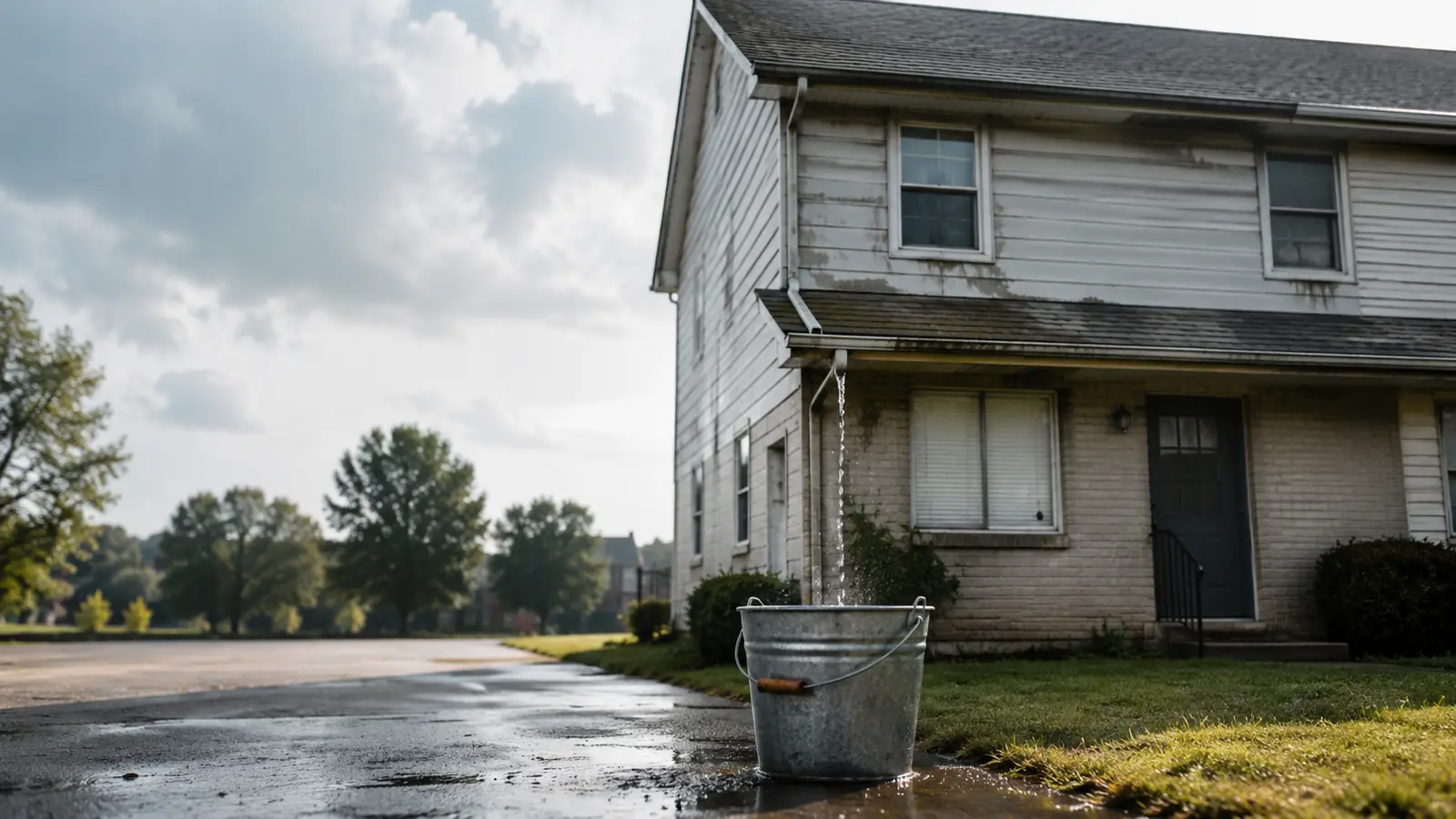 leaky bucket next to a house