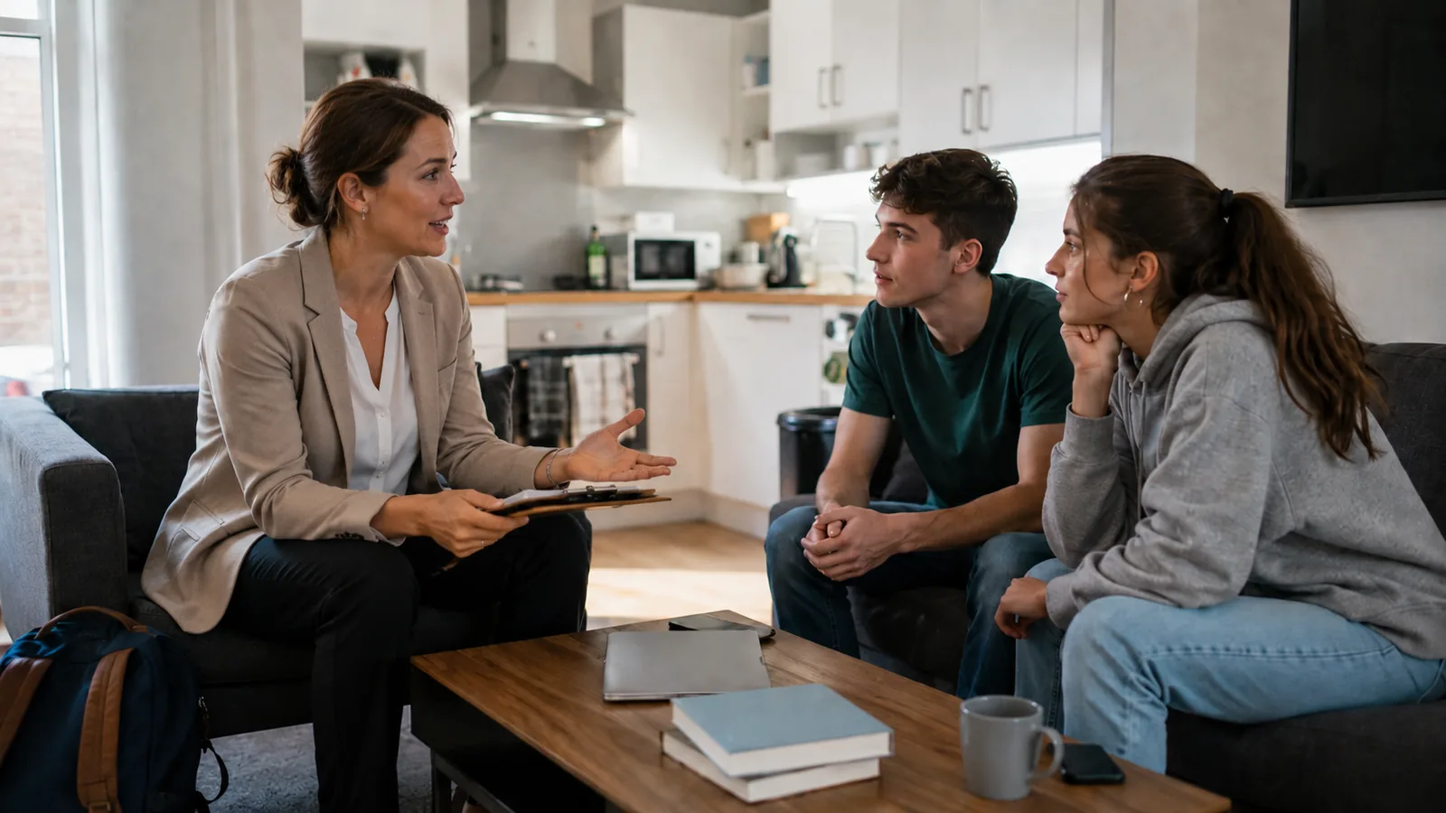 students talking to landlord