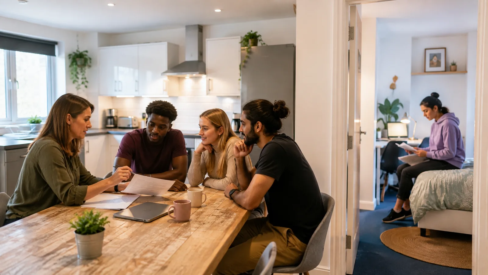 group of students talking to their landlord