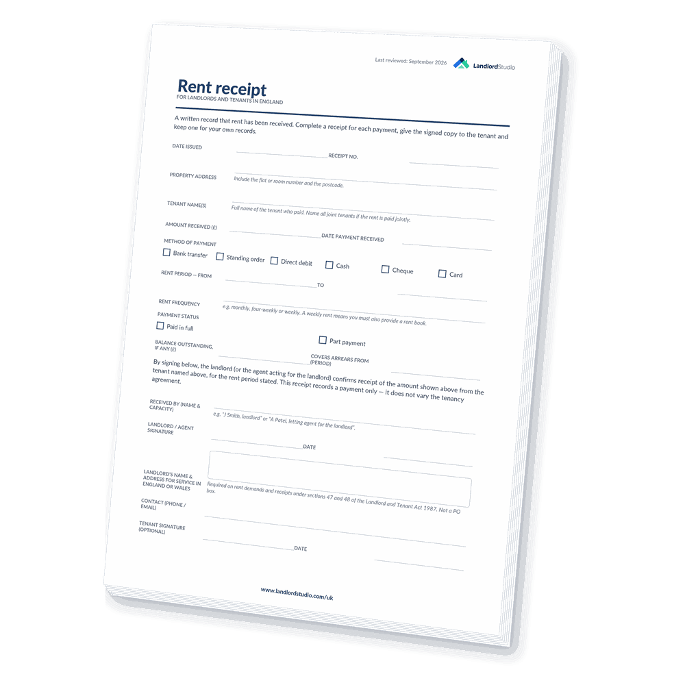 Cover of Landlord Studio's Rent Receipt template for landlords in England
