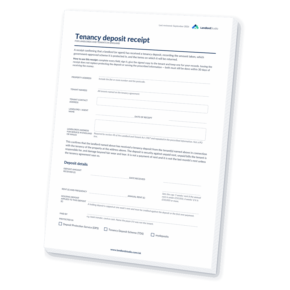 Cover of Landlord Studio's Tenancy Deposit Receipt template for landlords in England