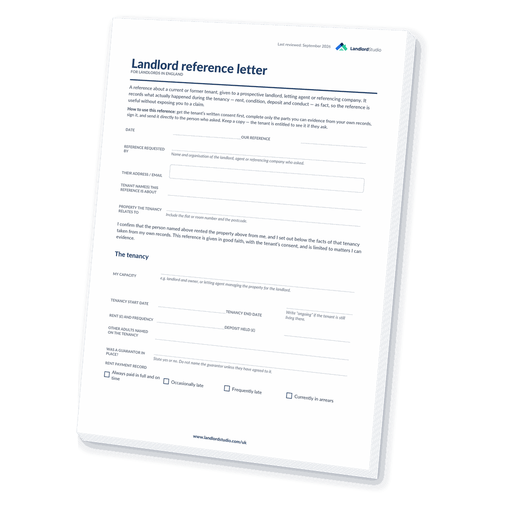 Cover of Landlord Studio's Landlord Reference Letter template for landlords in England