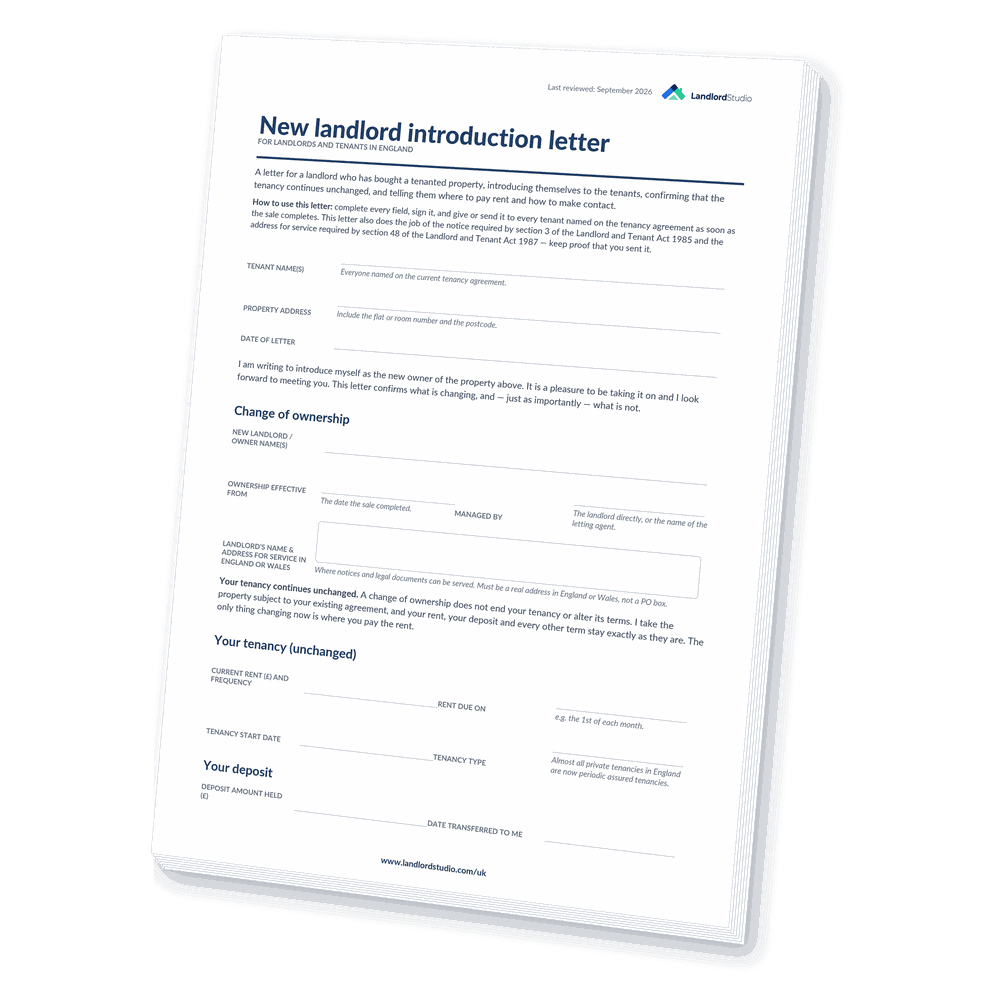 Cover of Landlord Studio's New Landlord Introduction Letter template for landlords in England
