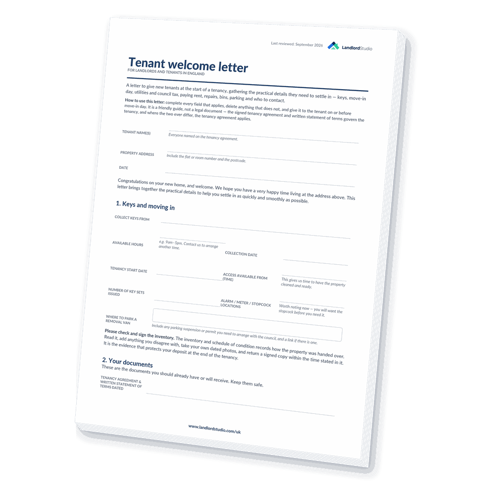 Cover of Landlord Studio's Tenant Welcome Letter template for landlords in England