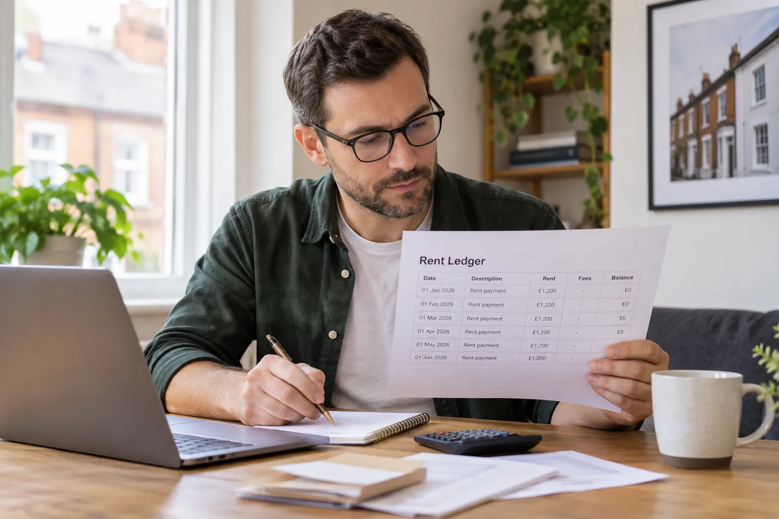 Landlord reviewing a rent ledger