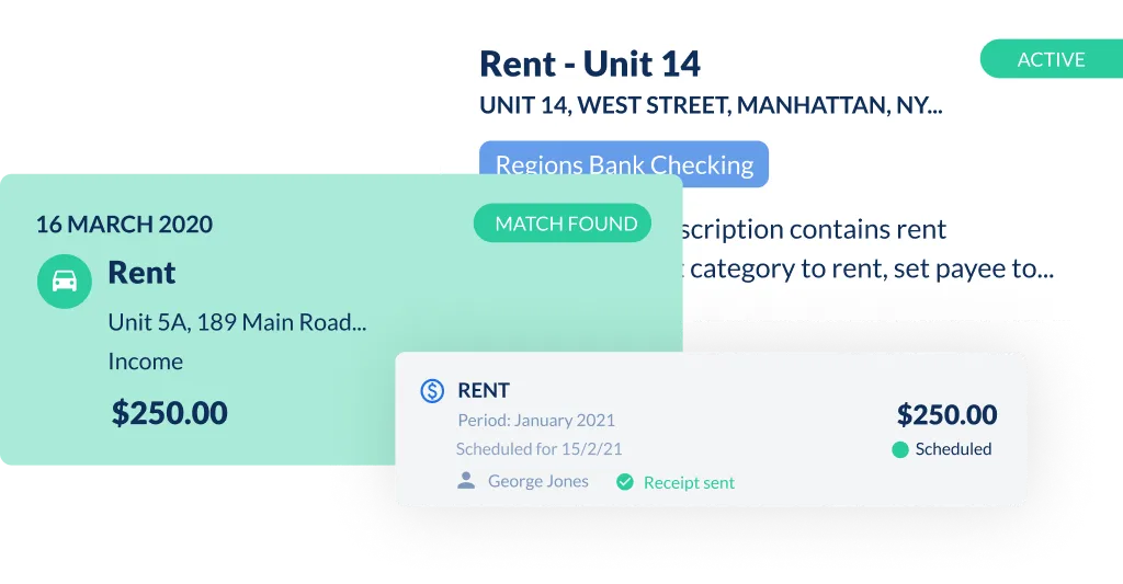 Landlord Studio expense tracking screen showing transactions imported from a bank feed