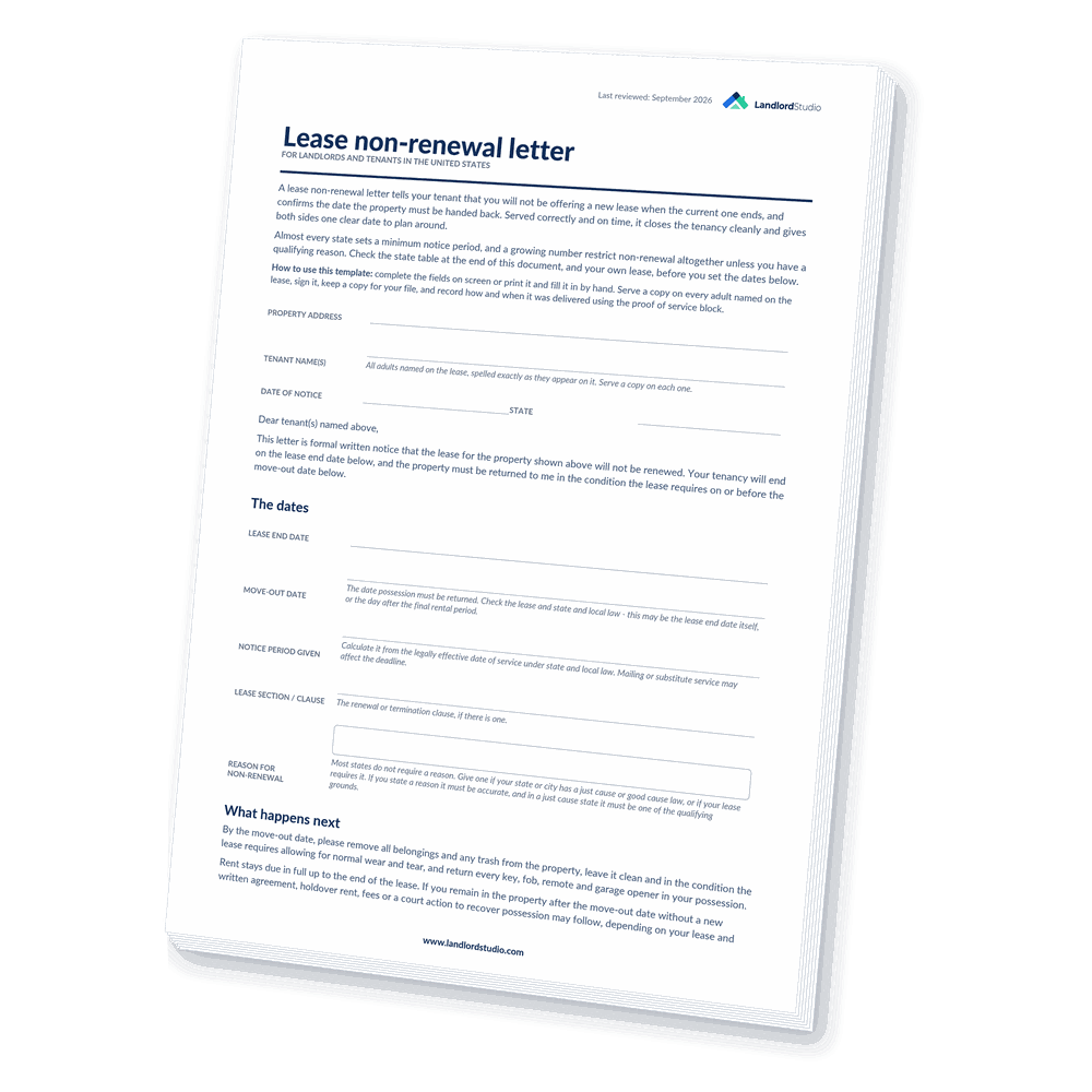 Cover of Landlord Studio's Lease Non-Renewal Letter template for the United States