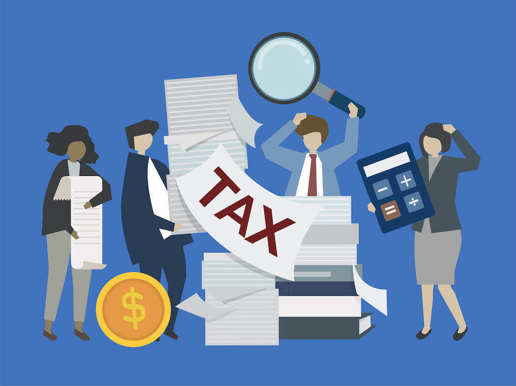 tax text with cartoon character icons