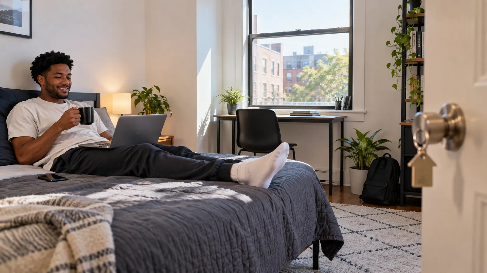 landlord on his laptop in bed