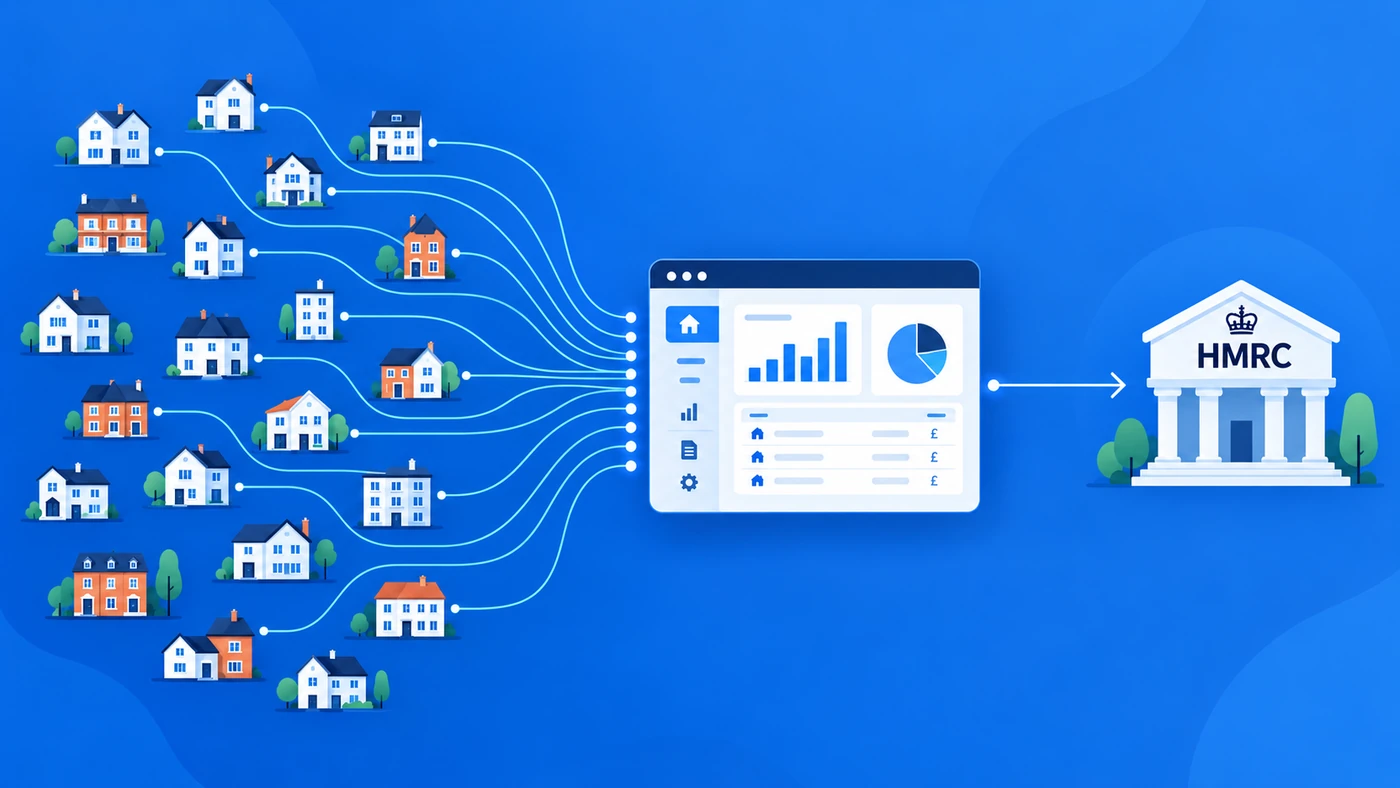 Image of houses connecting to software which connect to hmrc