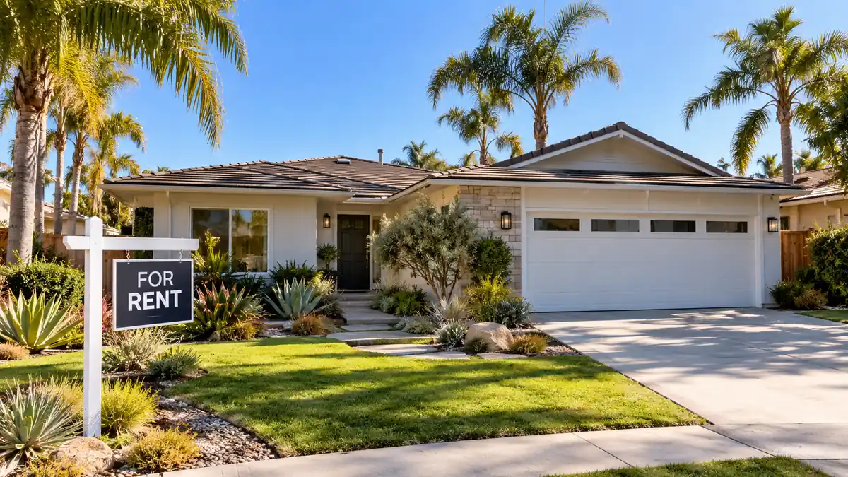 Single-story house with palm trees and a For Rent sign on the front lawn