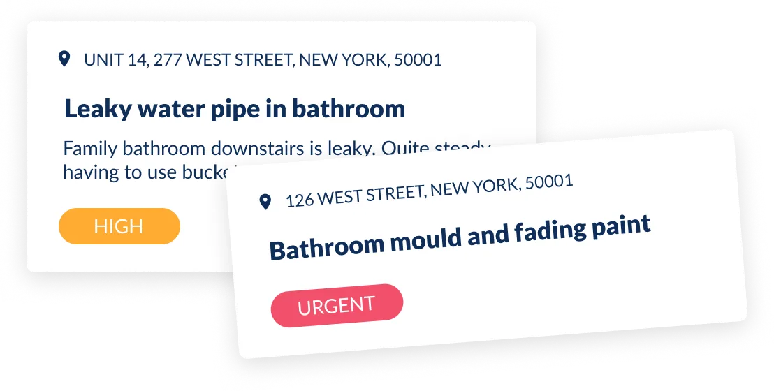 Maintenance request cards for a leaky bathroom pipe and bathroom mould, marked high and urgent priority