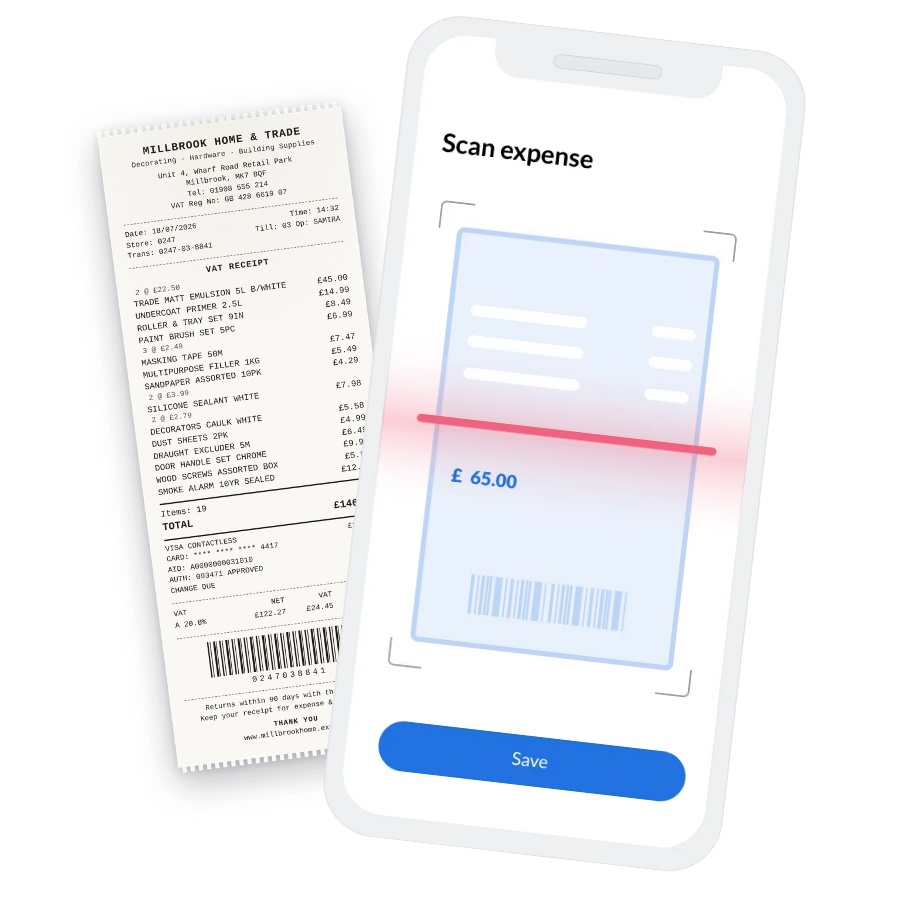 A paper receipt beside a phone scanning it into the Landlord Studio app as a £65 expense.