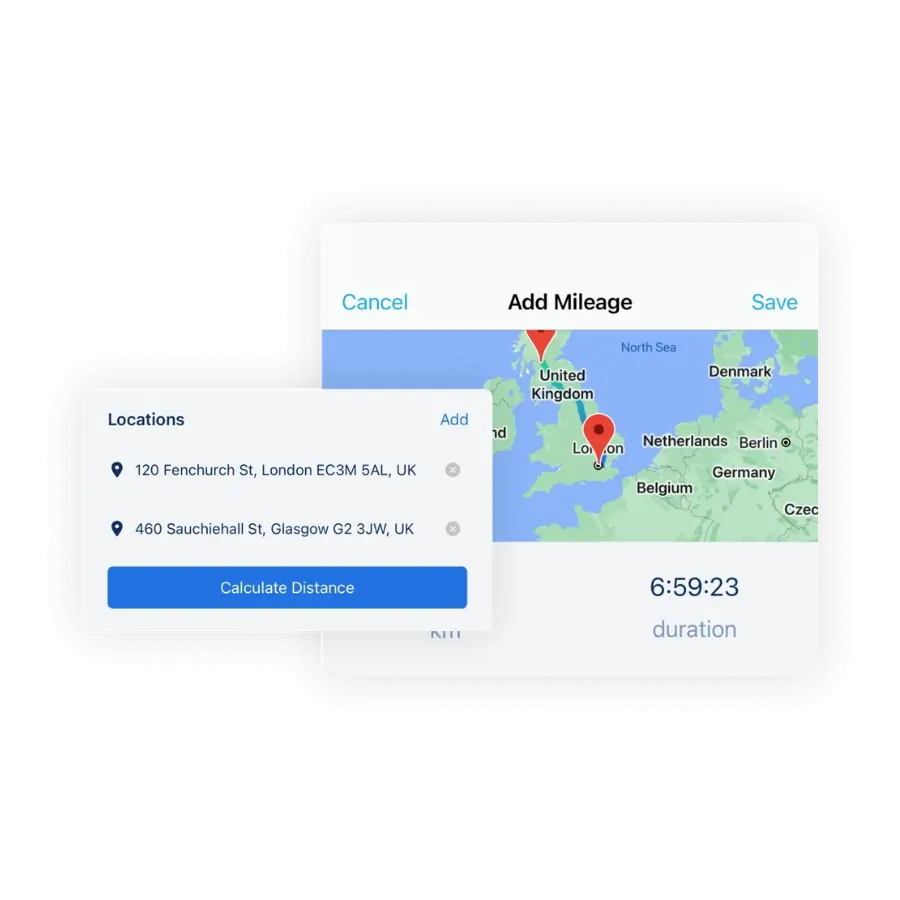 Milelage tracking visual showing a journey
