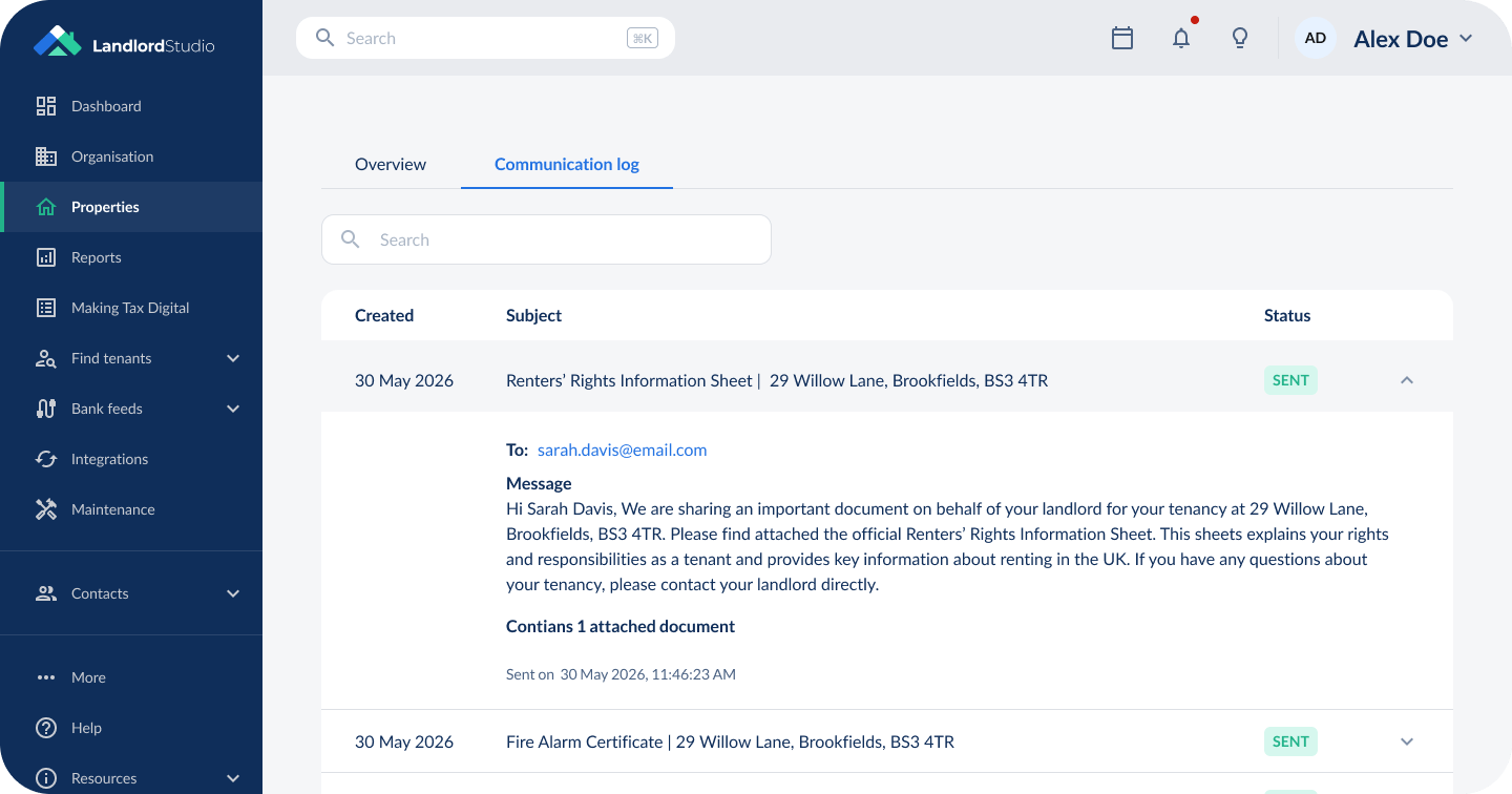 Tenant communication hub dashboard