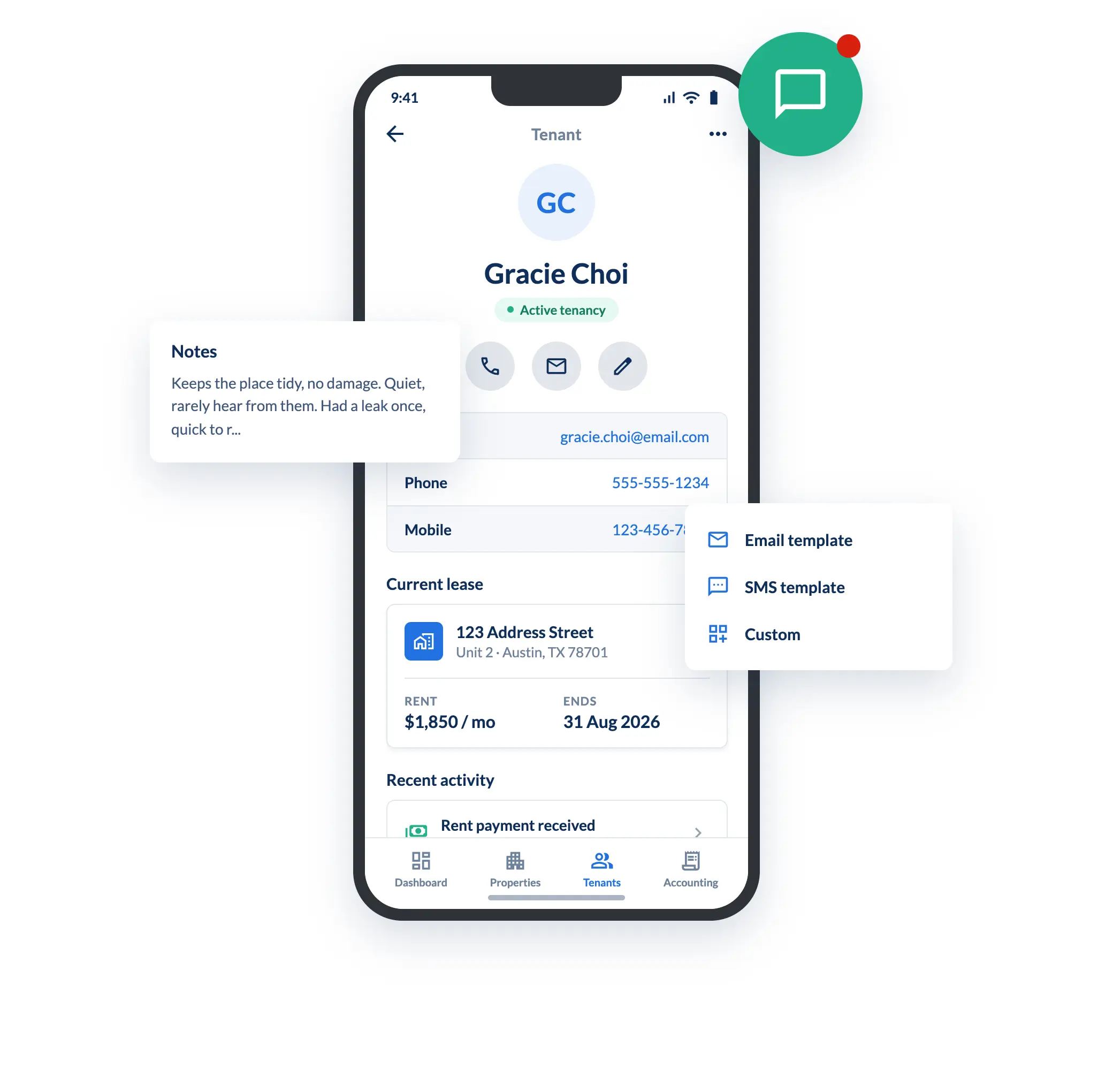 Mobile view with tenant details