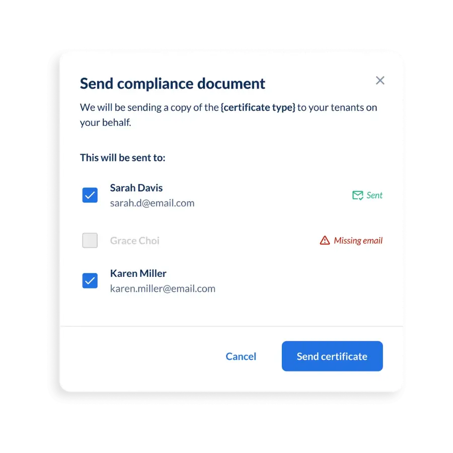 Send compliance document screen with different tenants listed