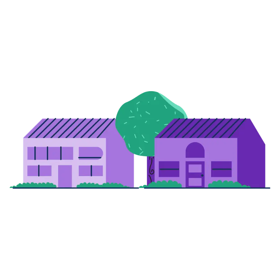 Purple houses next to a tree