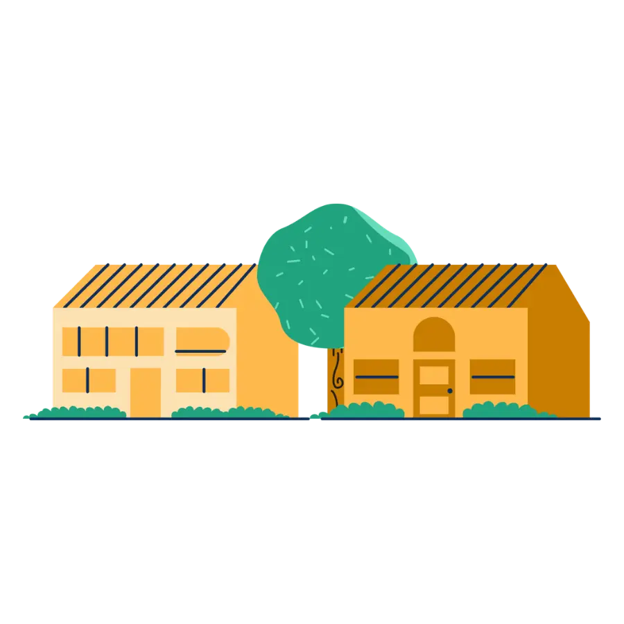 Yellow houses next to a tree