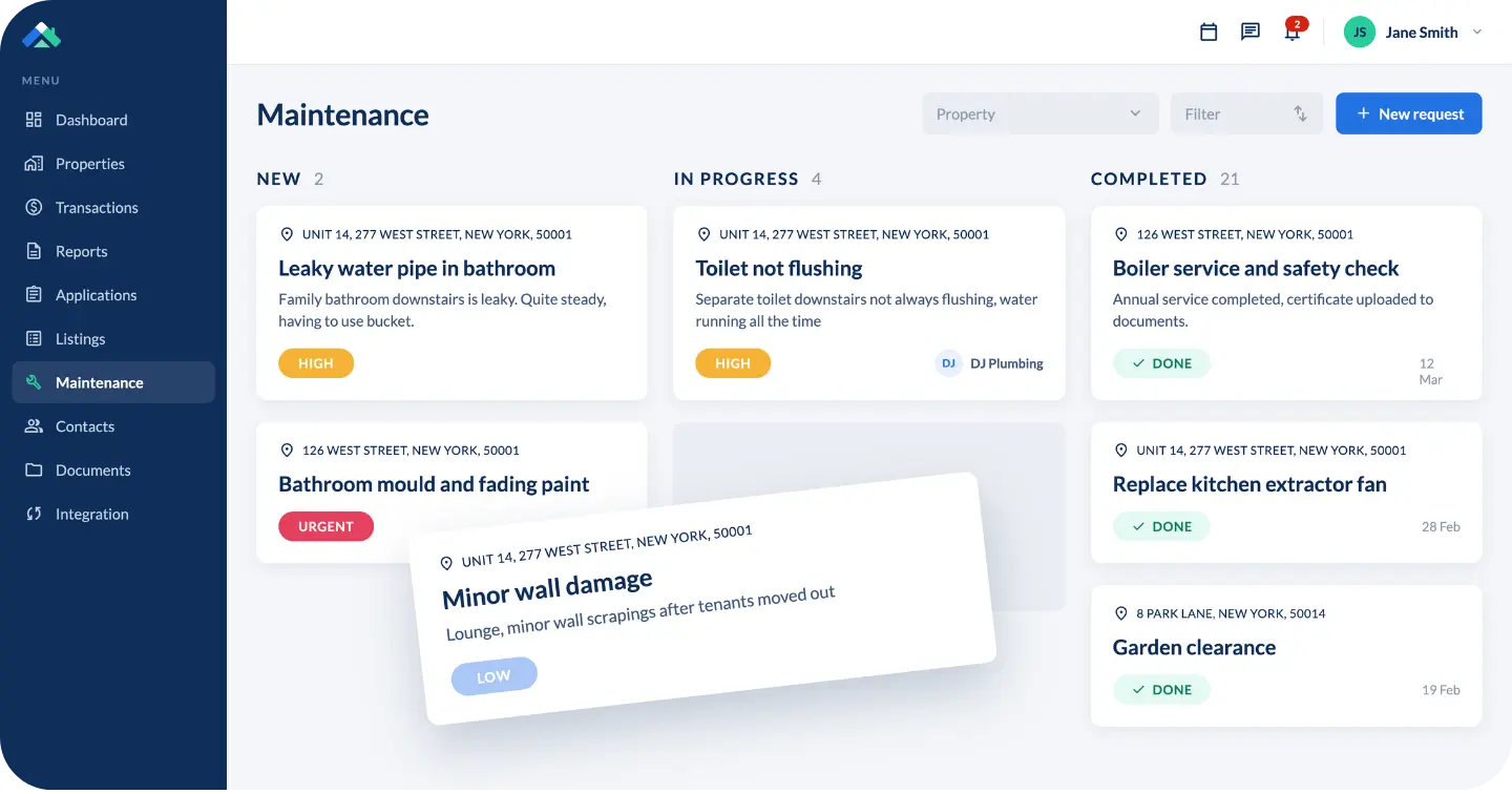 Maintenance management dashboard  - new, in progress and completed maintenance tasks