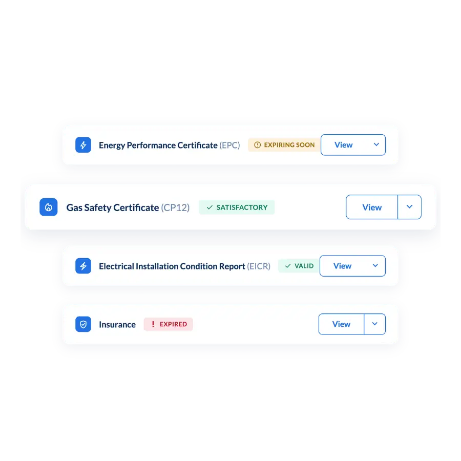 Certificate list for properties with different statuses