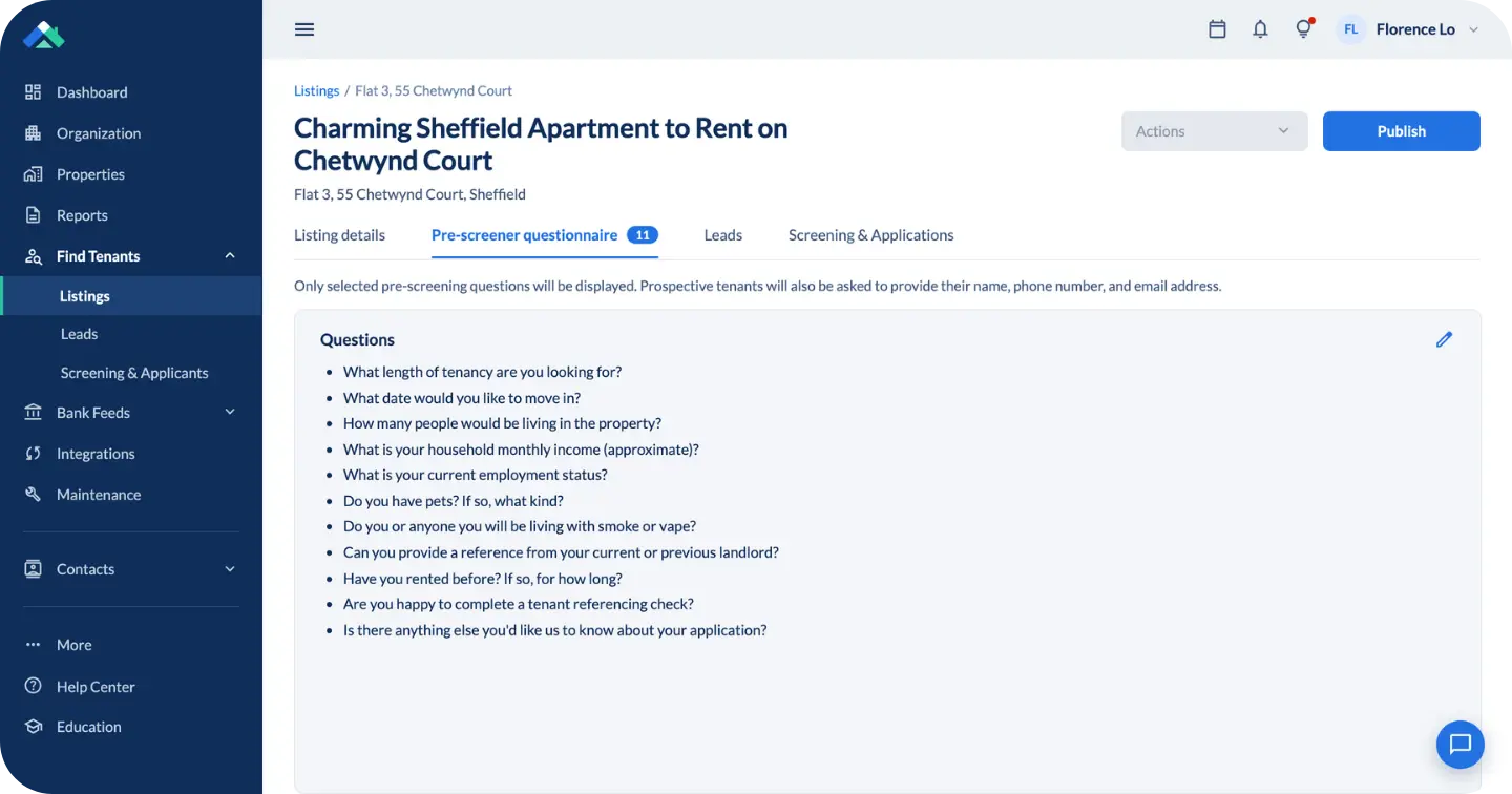 Finding tenants pre-screening question dashboards view