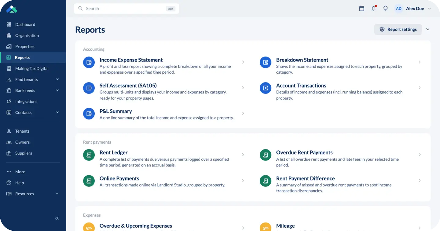 Reports dashboard list for UK landlords