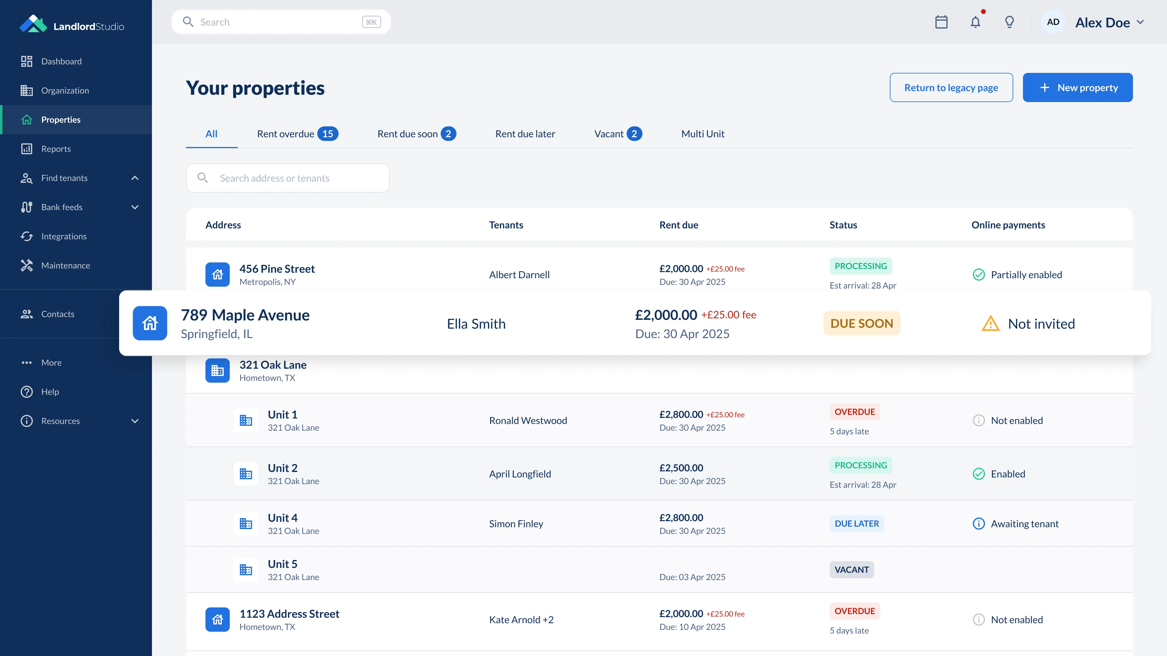 Landlord Studio 'Your properties' dashboard listing properties with tenants, rent due and payment status