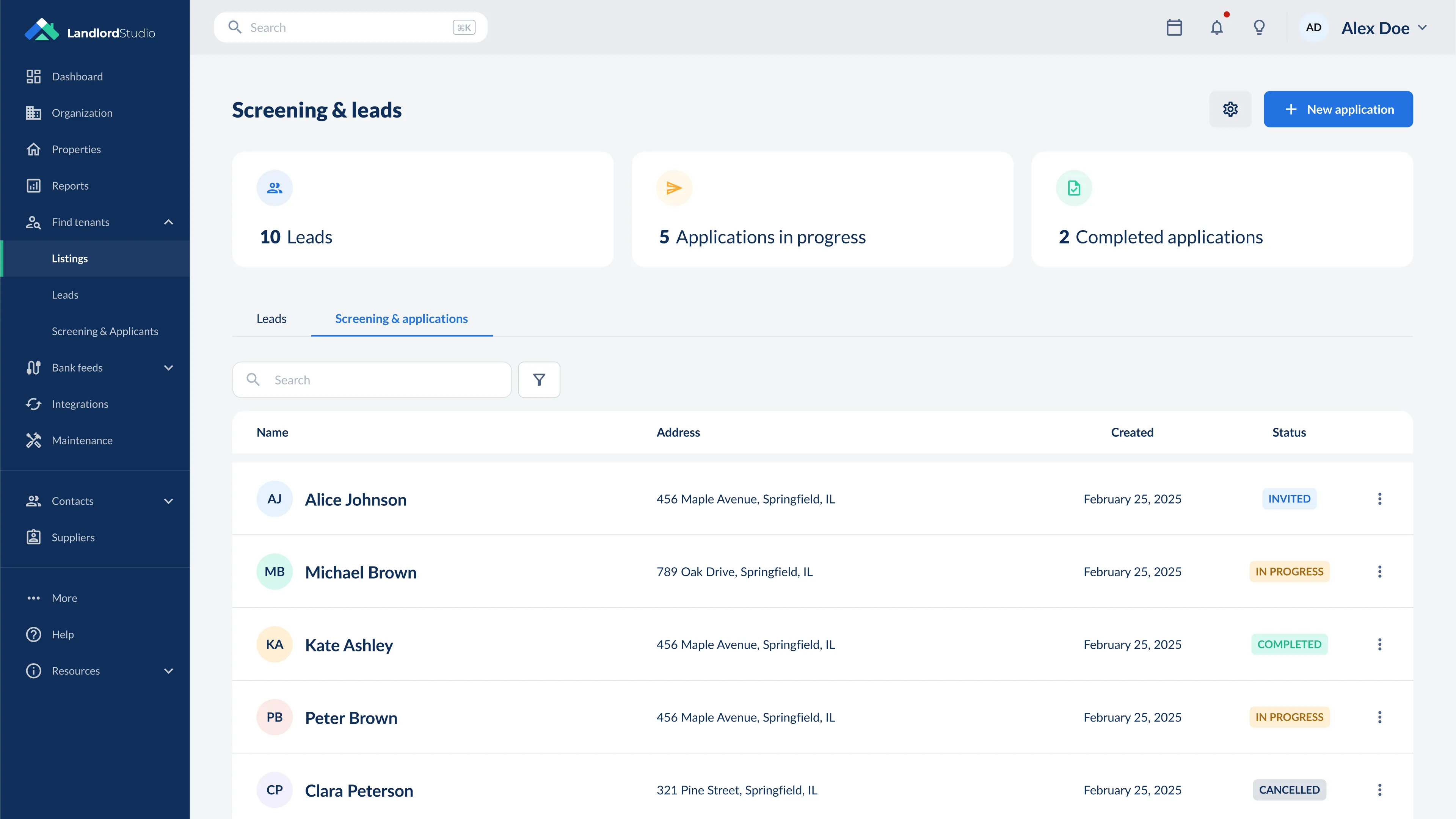 Landlord Studio screening and leads dashboard showing rental applications with applicant statuses