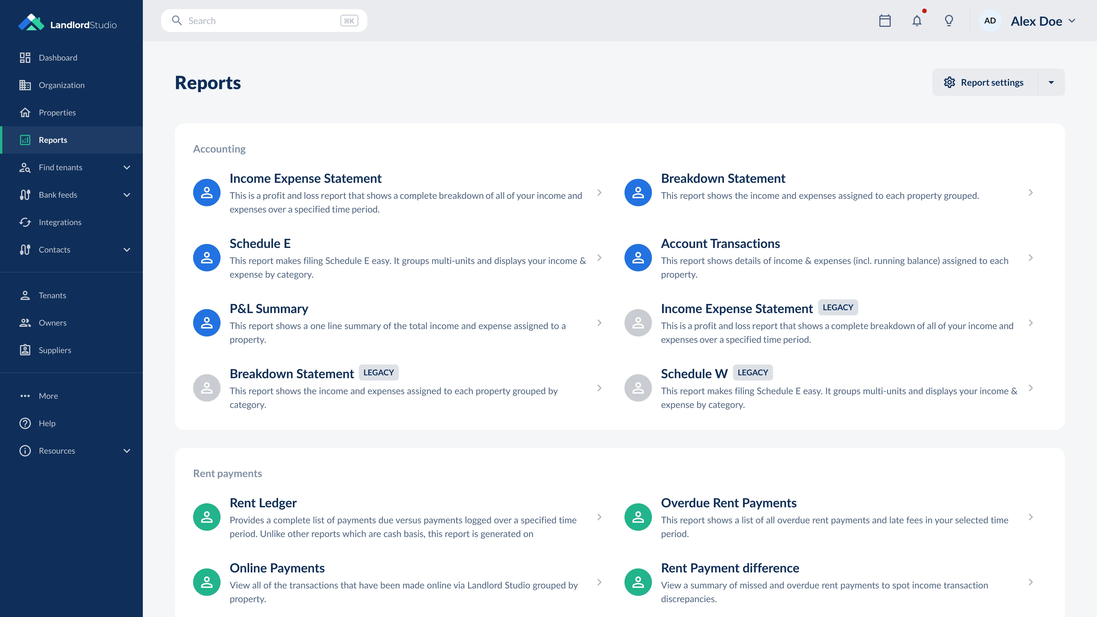 Landlord Studio Reports screen listing accounting and rent-payment reports such as income expense statement, Schedule E and rent ledger