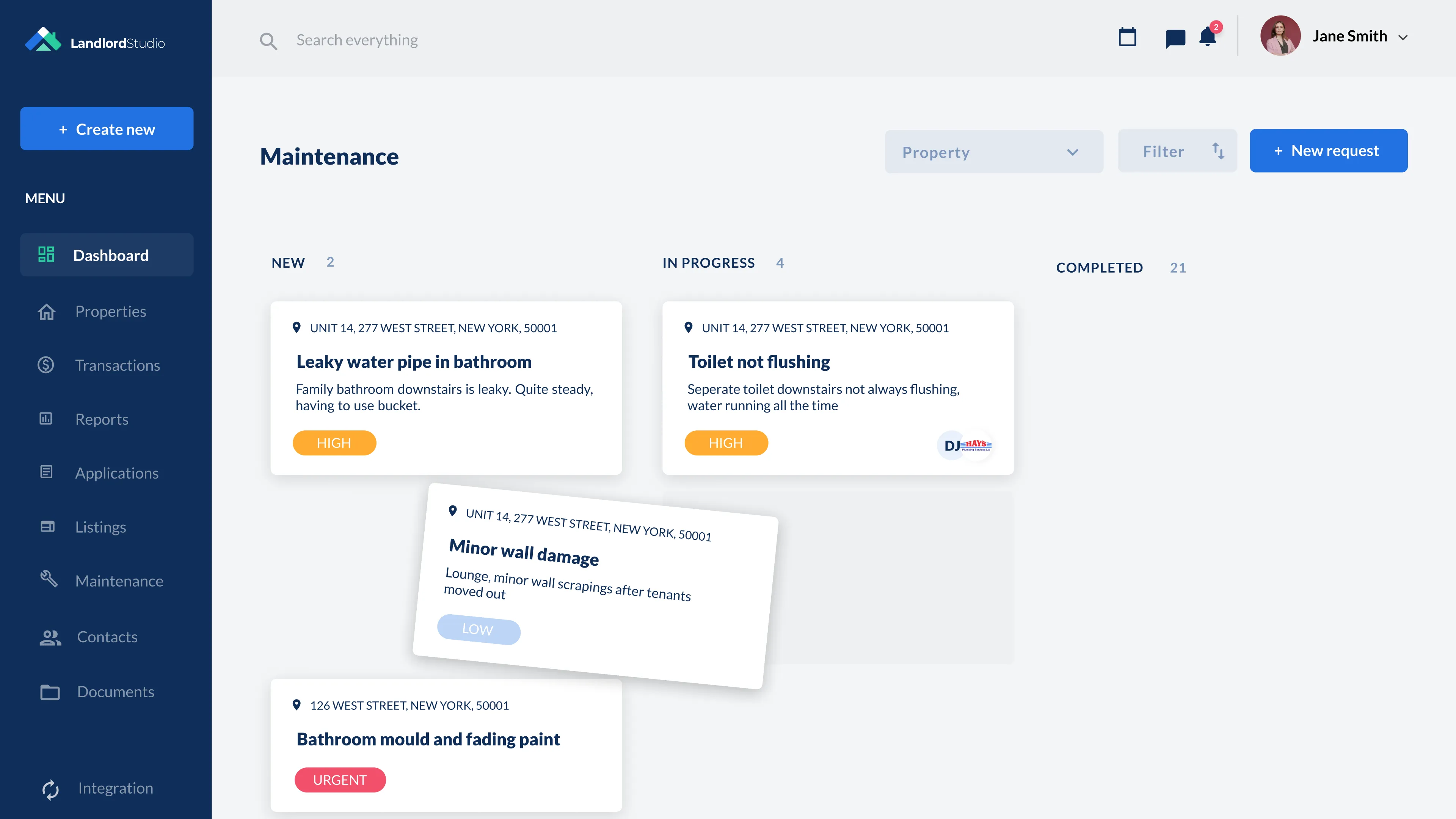 Maintenance dashboard for landlords