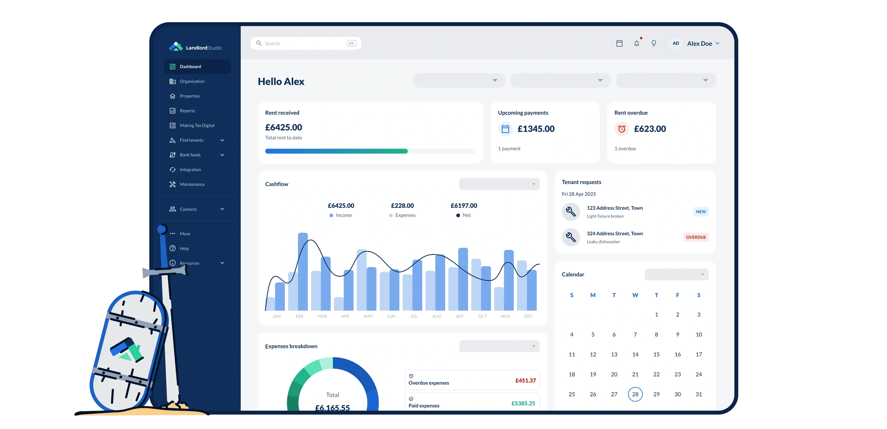 Landlord Studio dashboard showing rent received, upcoming payments, overdue rent, cashflow, tenant requests, expenses, and calendar.