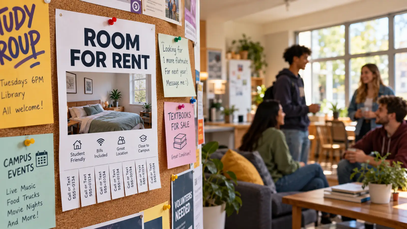 Bulletin board with various colorful signs including a 'Room for Rent' flyer showing a bedroom, notes about a study group, campus events, textbooks for sale, and flatmate search; in the background, four college-aged people are socializing in a bright common room with large windows and plants.