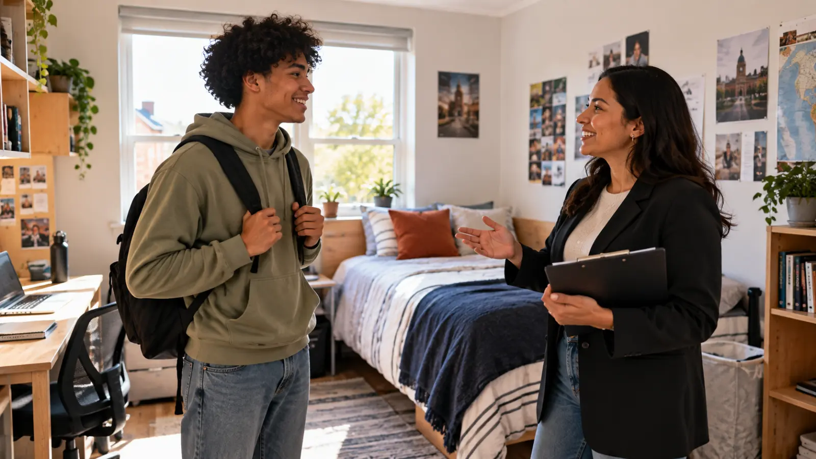 A young man wearing a hoodie and backpack smiling and talking to a woman holding a clipboard in a neatly decorated dorm room with a bed, desk, and photos on the walls.