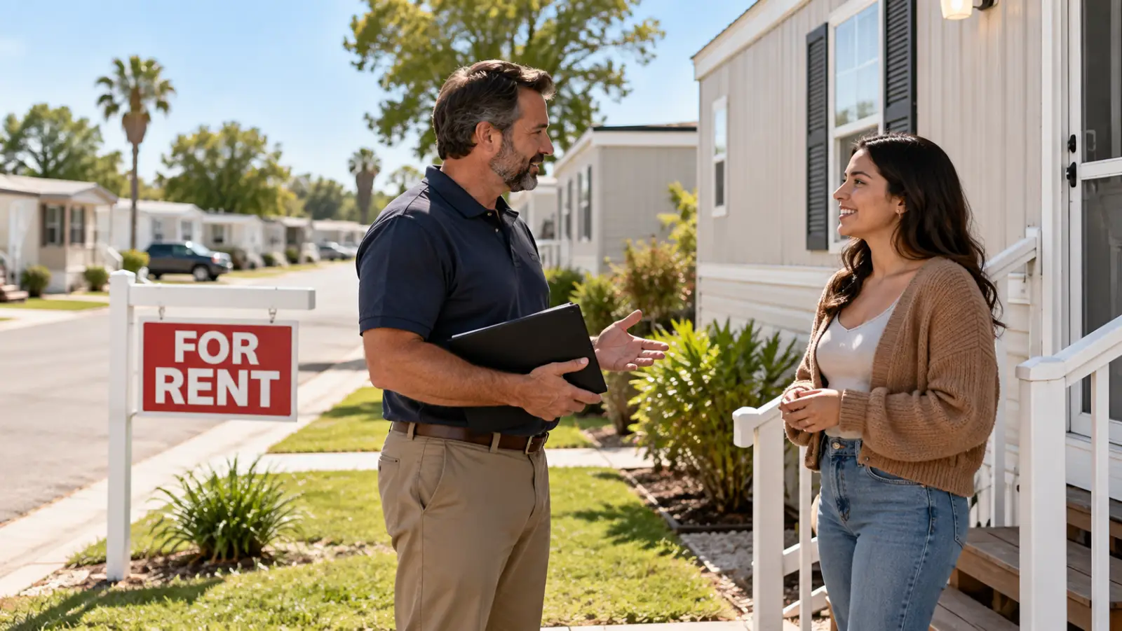 A man holding a folder talks to a woman standing on the steps of a mobile home with a red and white for rent sign on the lawn.