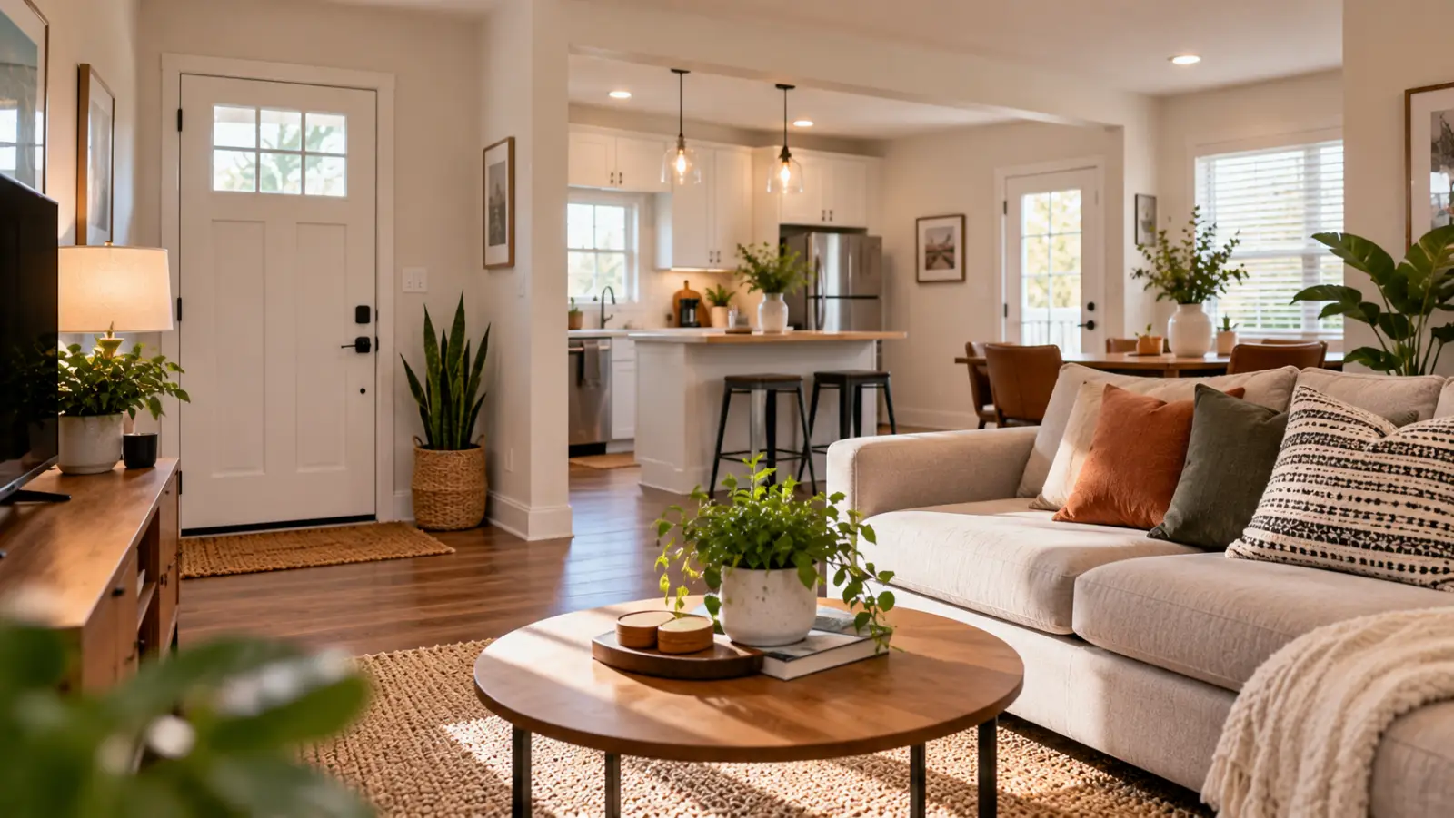 Bright modern living room with beige sofa adorned with assorted throw pillows and a knitted blanket, a round wooden coffee table with a plant and decorative items resting on a woven rug, a wooden media console with a TV and lamp, and an open kitchen with white cabinetry, island with stools, and dining area with brown chairs and plants.