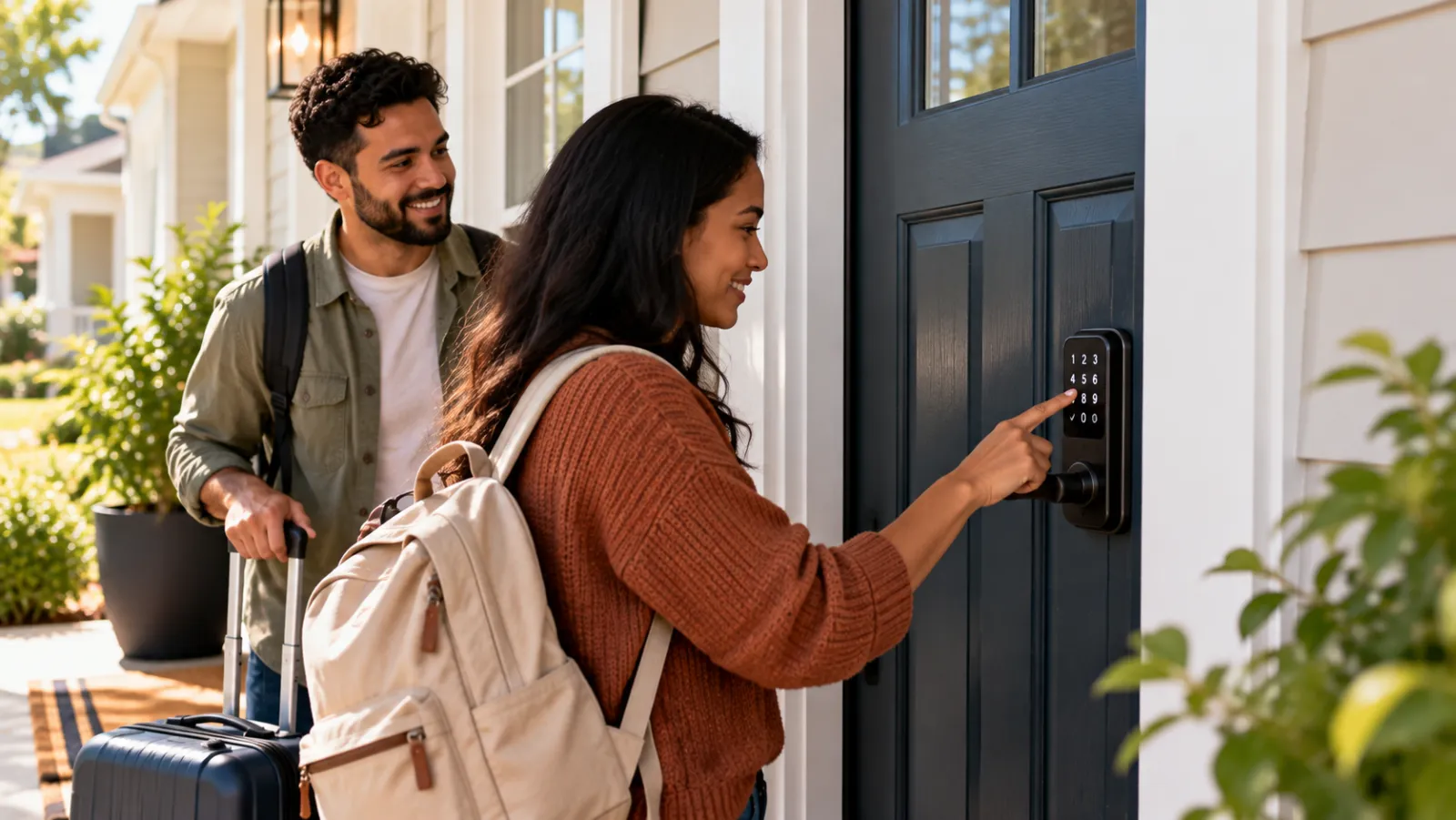 A woman with a beige backpack is entering a code on a black keypad lock on a dark blue door, while a man with a suitcase and backpack smiles behind her.