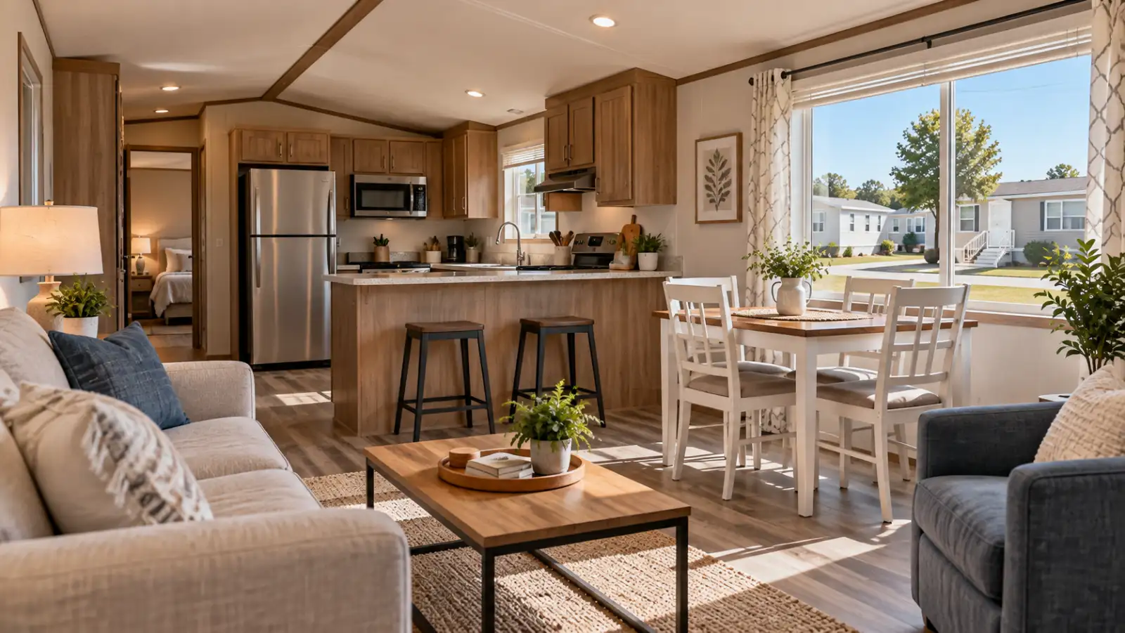 Bright open-concept living area with beige sofa and blue chair facing a wooden coffee table, a kitchen island with two stools, white dining table with four chairs by large window, and a kitchen with wooden cabinets, stainless steel appliances, and light wood flooring.